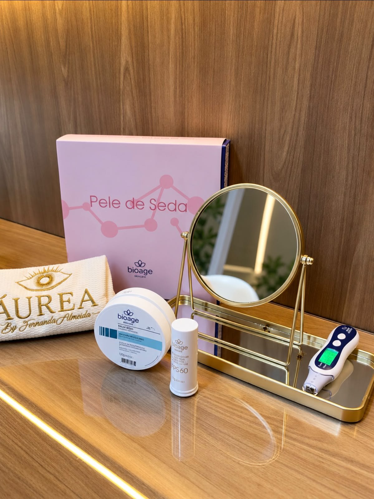 Kit do protocolo Pele de Seda no Studio Áurea, em Resende — máscara e balm Bioage, protetor solar FPS 60 e toalha da Áurea
